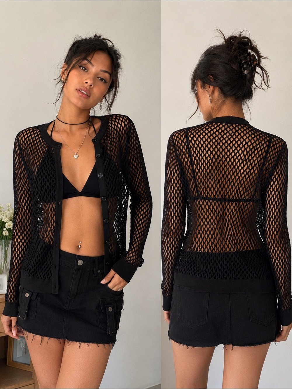 IAN R.N. Black Fishnet Mesh Cardigan Cover Up Women’s Size Large Y2K Festival